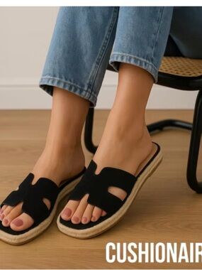 CushionAir Black Espadrille Slide Mules